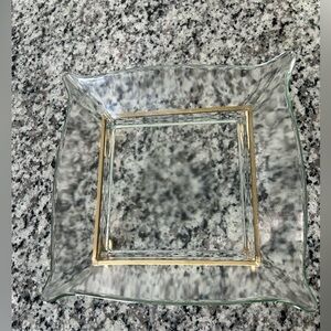 Vintage Clear Glass Square Dish with Gold -Toned Metal Stand 9.5x9.5”